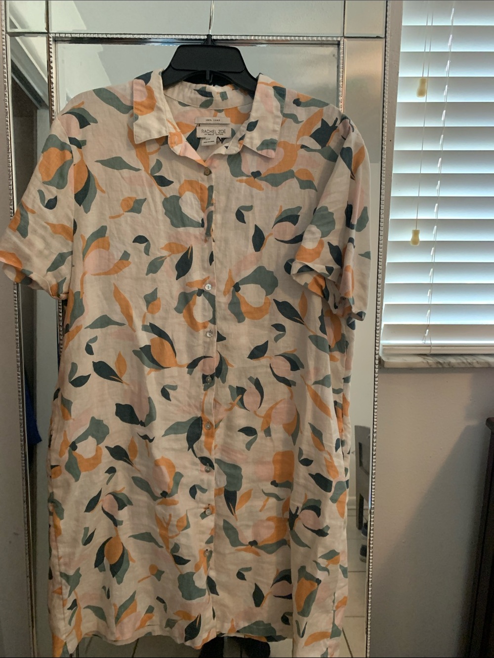 Rachel Zoe White Midi Shirt Dress with Green and Yellow Leaf Print